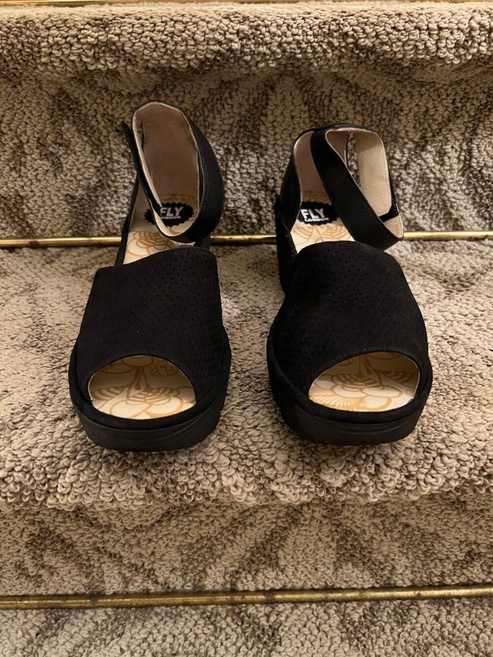 Fly London Yula Black Perforated Suede Wedge Sandals Shoes 42 or 10.5 - 11 - Picture 3 of 9